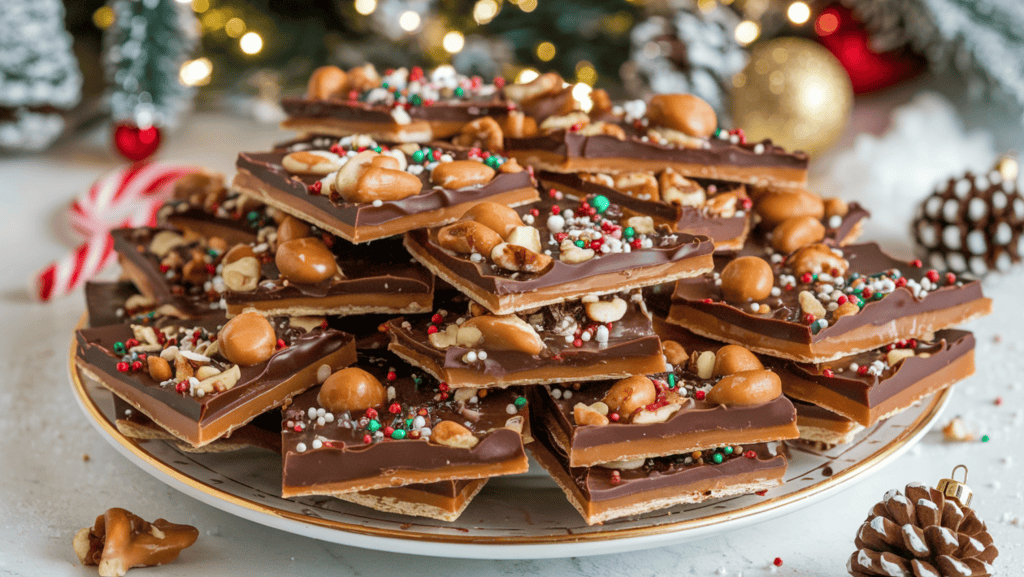 A large plate of Christmas crack. There are golden caramel layers over saltine crackers, topped with melted chocolate. The treat is sprinkled with nuts and festive toppings. The surface is shiny and textured, resembling bark or brittle. The background is a festive scene with a Christmas tree, ornaments, and a candy cane.