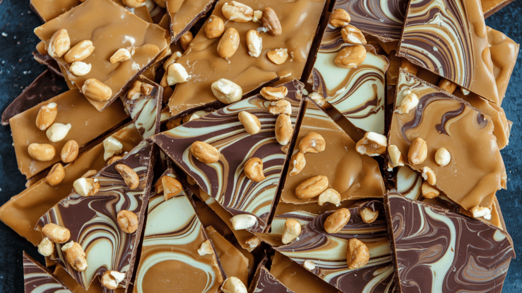 Christmas crack made with saltine crackers, golden caramel, melted marbled chocolate, and nuts. The treat is broken into irregular pieces, resembling bark or brittle. The background is a dark surface.