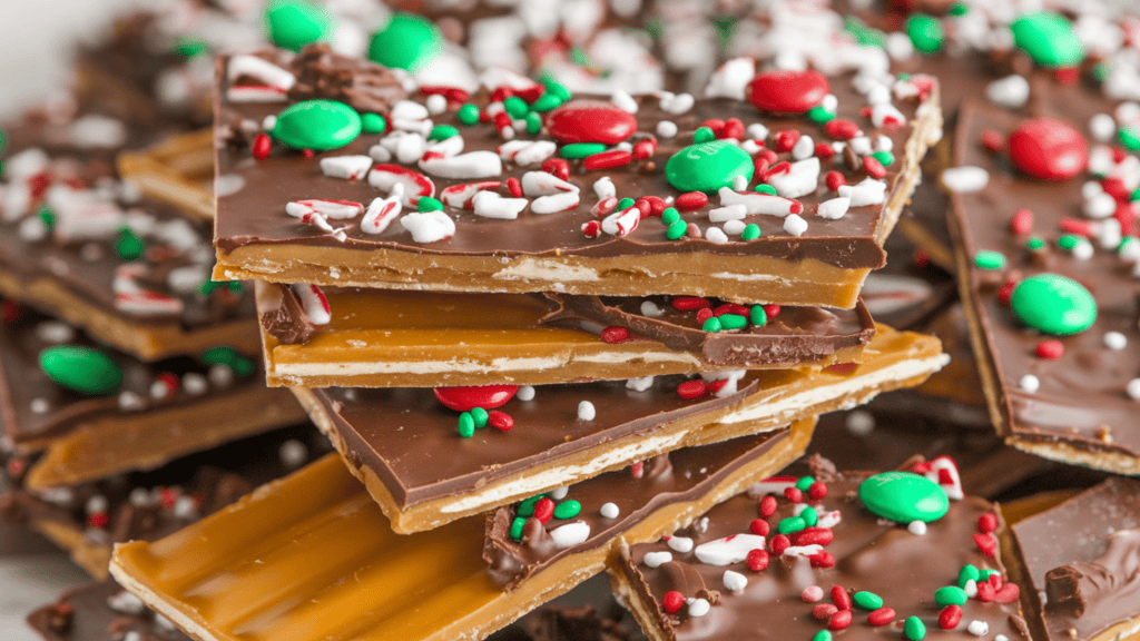 Delicious broken Christmas crack stacked on top of each other. The Christmas crack has a golden caramel layer over saltine crackers, topped with melted chocolate and is sprinkled with nuts or festive toppings. The toppings include crushed candy canes, red and green M&Ms, and festive sprinkles. The Christmas crack is broken into irregular pieces, resembling bark or brittle.