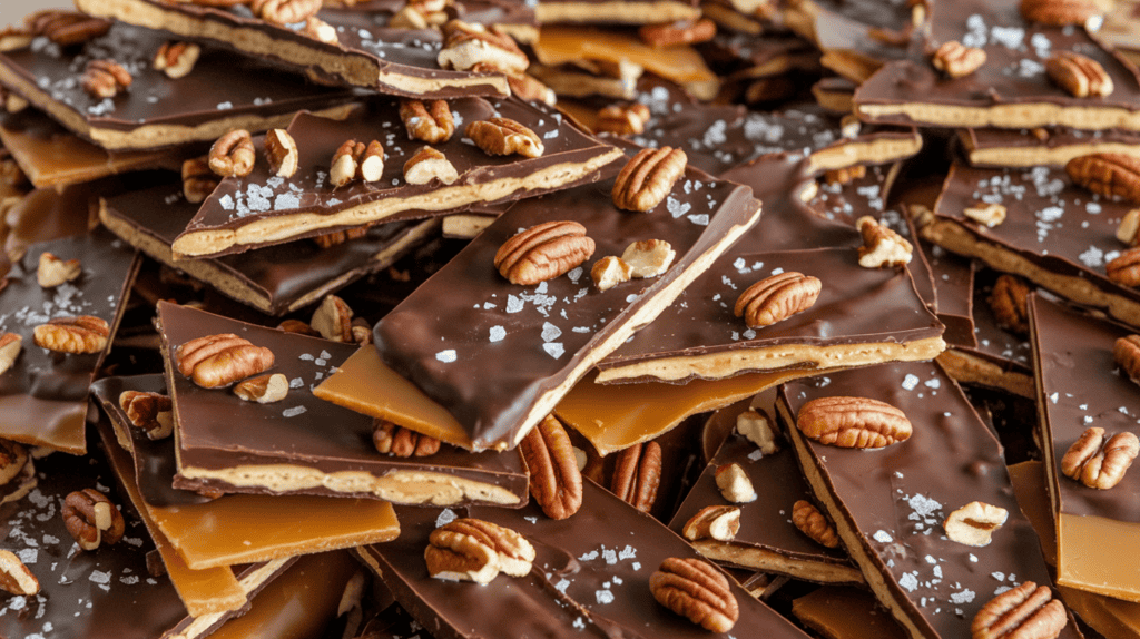 A large pile of broken Christmas crack. Each piece is stacked on top of the next, creating a tiered effect. The Christmas crack is made of a golden caramel layer over saltine crackers, topped with melted chocolate. The chocolate has a shiny, textured surface and is sprinkled with toasted chopped pecans and a sprinkle of sea salt. The broken pieces have an irregular shape, resembling bark or brittle.