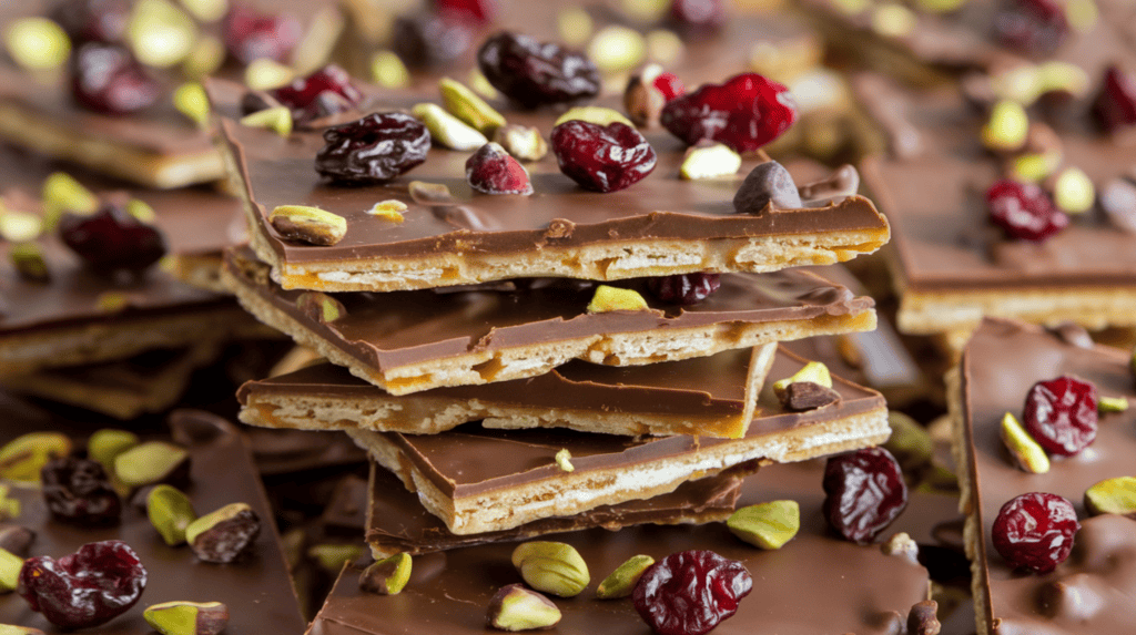 Delicious broken Christmas crack stacked on top of each other, with dried cranberries and pistachios sprinkled on top. The Christmas crack is made with a golden caramel layer over saltine crackers, topped with melted chocolate. The surface is shiny and textured. The Christmas crack is broken into irregular pieces, resembling bark or brittle.