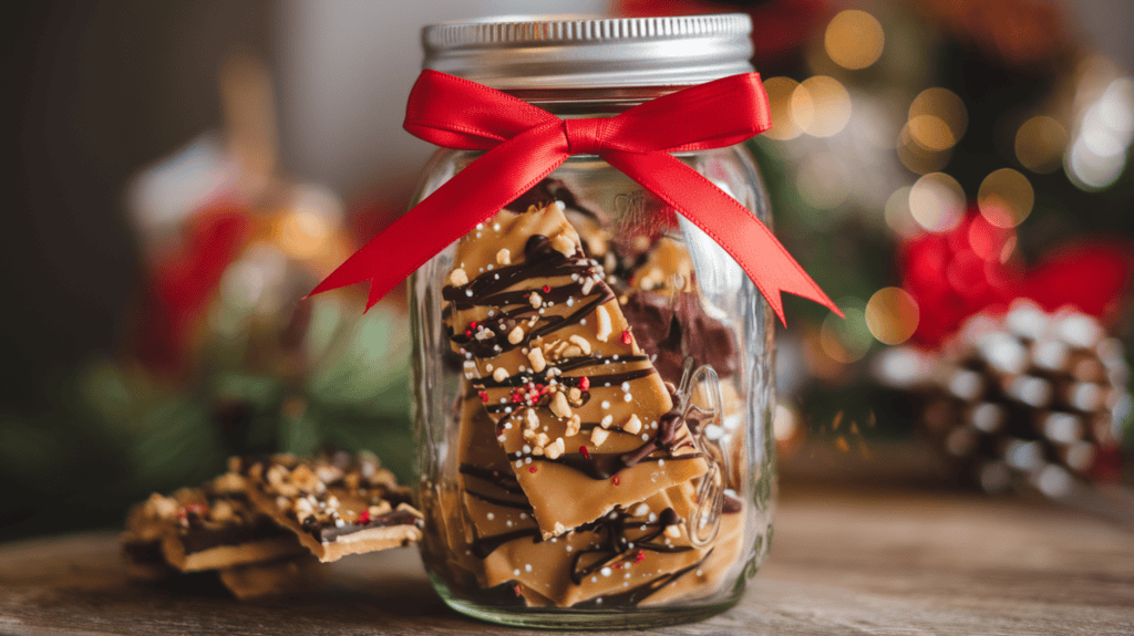 A Mason jar filled with Christmas crack. The jar is decorated with a red ribbon. The Christmas crack is a festive treat consisting of a golden caramel layer over saltine crackers, topped with melted chocolate and sprinkled with nuts and festive toppings. The treat is broken into irregular pieces, resembling bark or brittle. The jar is placed on a wooden surface. The background is blurred and contains other festive decorations.