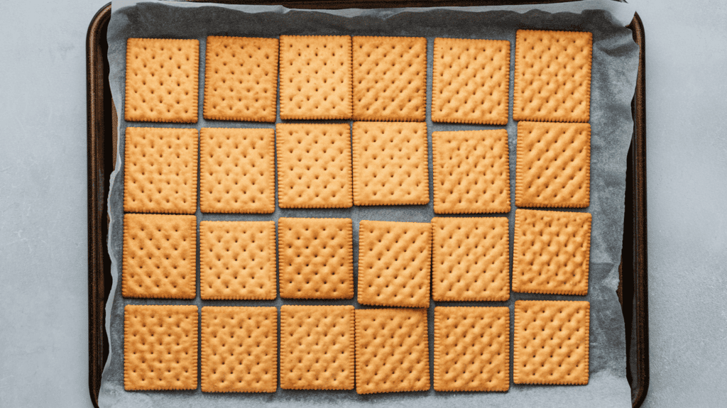 A rimmed 10x15 inch baking sheet with parchment paper and square saltine crackers arranged flat in a single layer, fitting snugly together. The crackers have a golden-brown color and are slightly crumbled. The background is a light grey color.