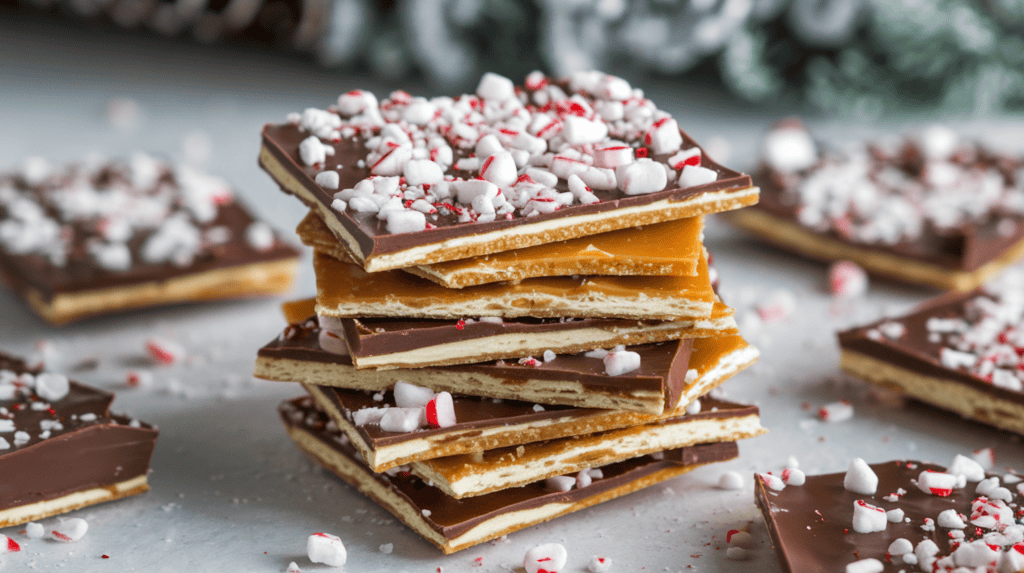 Delicious Christmas crack unevenly broken and stacked on top of each other. It's a festive treat featuring a golden caramel layer over saltine crackers, topped with melted chocolate and sprinkled with finely chopped up candy canes sprinkled across the chocolate, creating a shiny, textured surface. It resembles bark or brittle.
