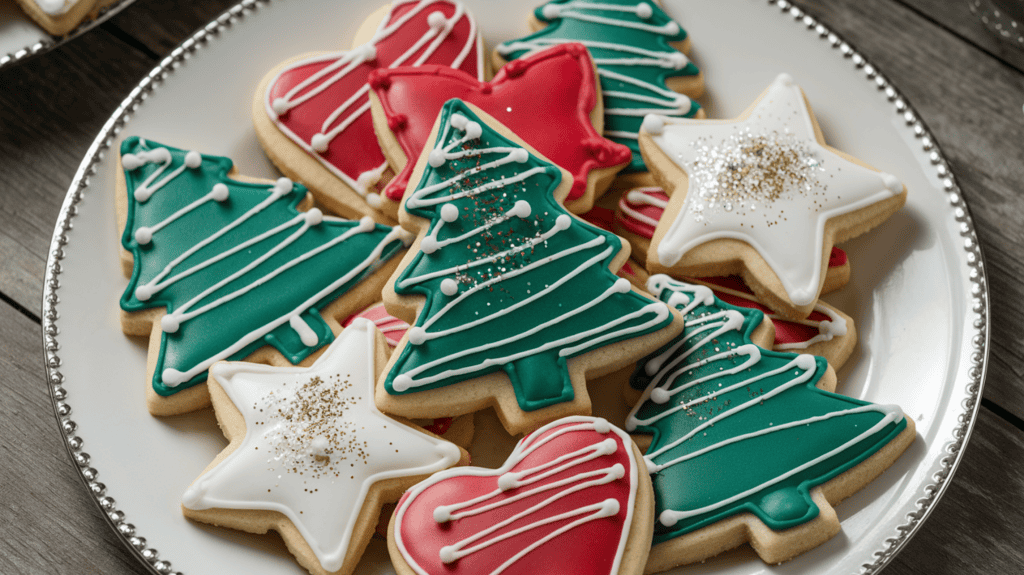 A plate of holiday sugar cookies with royal icing. The cookies are shaped like Christmas trees, stars, and hearts. The royal icing is in shades of green, red, and white. There's a sprinkle of edible glitter on the cookies. The plate is on a wooden surface.