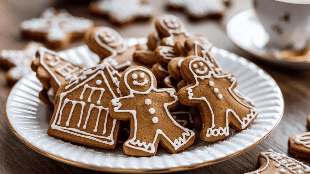 A plate of traditional gingerbread cookies. The cookies are shaped into men and buildings. The plate is on a wooden surface. The background is blurred and contains a few more cookies and a cup of coffee.