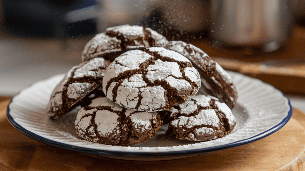 A plate of warm chocolate crinkle cookies. The cookies have a dark brown, almost black, exterior and a moist, chocolatey interior. They are served on a white plate and are slightly cracked. There's a dusting of powdered sugar on top. The plate is on a wooden surface. The background is blurred and consists of a few kitchen items.