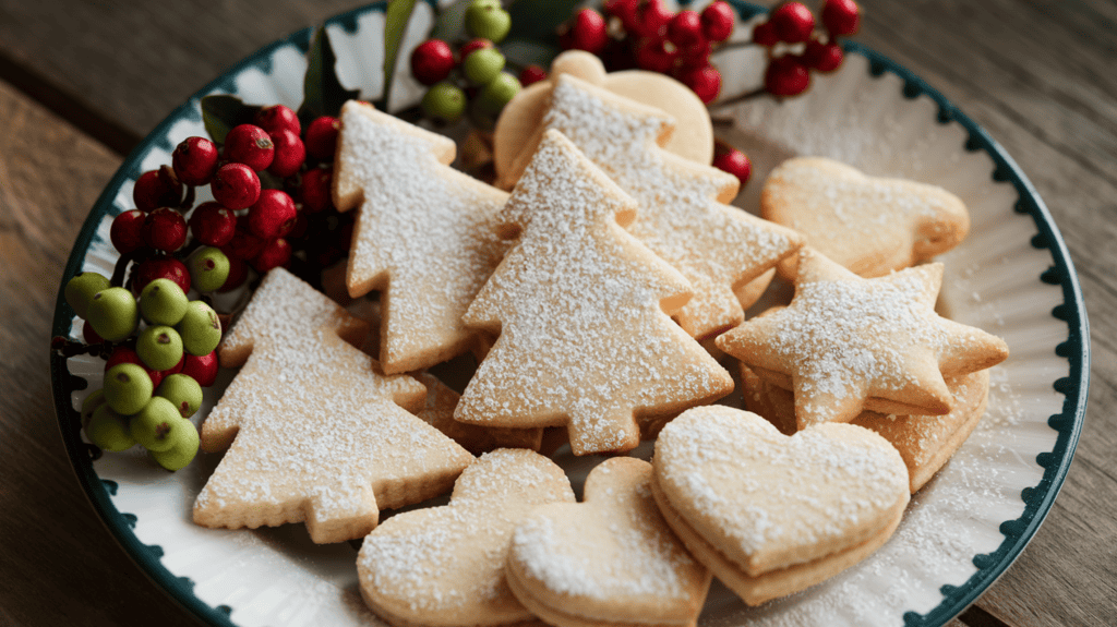 A plate of holiday shortbread cookies. There are various shapes of cookies, including trees, stars, and hearts. The cookies are dusted with powdered sugar and have a light brown color. The plate is placed on a wooden surface. There are also red and green berries on the plate, adding a festive touch.