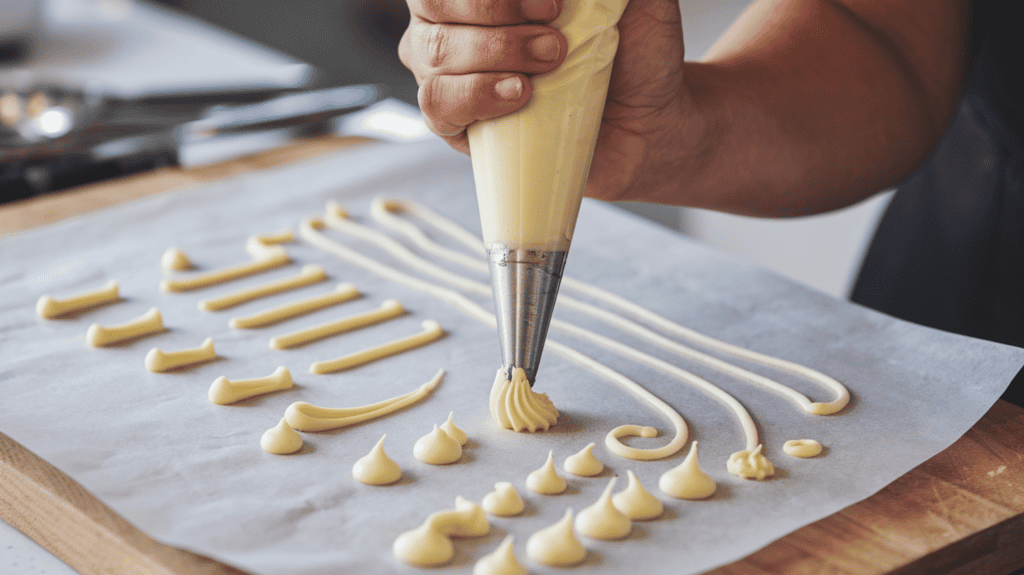 A person's hand holding a piping bag filled with icing. The person is practicing piping icing on parchment paper in simple patterns like dots and lines. There are various sizes of dots and lines, and some of the lines have swirls at the end. The parchment paper is placed on a wooden board. The background is blurred and consists of cooking utensils.