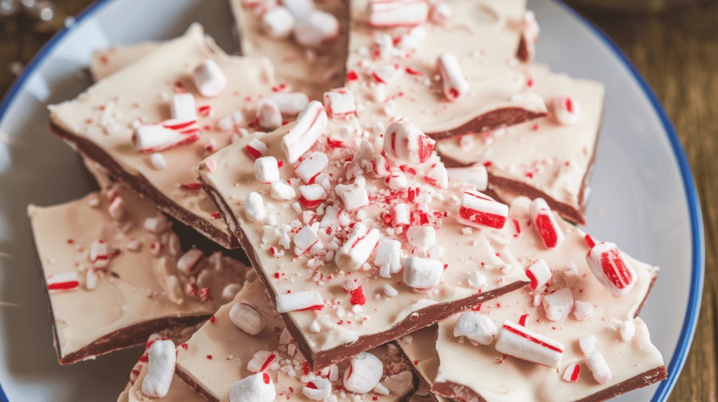 A plate of peppermint bark with crushed candy canes sprinkled on top. The peppermint bark has a glossy finish and is divided into squares. The crushed candy canes add a festive touch. The background is a wooden surface.