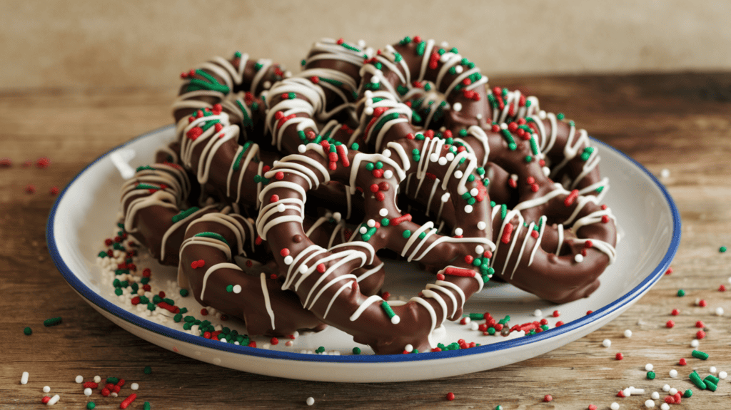 A plate of festive chocolate-dipped pretzels. The pretzels are completely coated in thick, smooth chocolate and are adorned with red, white, and green sprinkles. The plate is placed on a wooden surface. There is a sprinkle of extra red, white, and green sprinkles around the plate. The background is a beige wall.