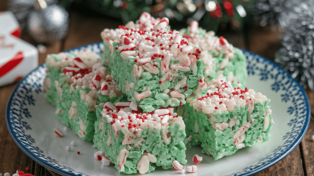 A plate of Holiday Rice Krispy Treats. The treats are rectangular and green, with crushed candy canes mixed into them. There are sprinkles of red and white on top. The plate is on a wooden surface. There are holiday decorations in the background.