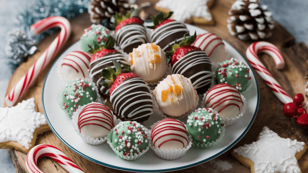 A plate of holiday truffles. There are various types of truffles, including chocolate-coated strawberries, orange and almond truffles, and peppermint truffles. The truffles are arranged in a festive pattern, with a few decorative candy canes and sugar cookies surrounding the plate. The background is a rustic wooden board.