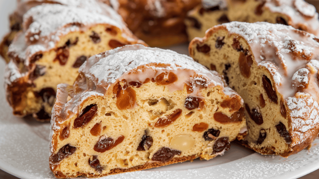 A plate of delicious German stollen. The stollen is a type of fruit bread that is coated with a thick layer of icing. The bread has a dense, moist texture and is filled with raisins and almonds. The icing is thick and sweet, with a creamy consistency. The stollen is garnished with powdered sugar.