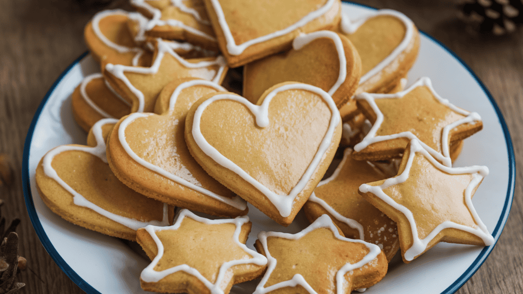 A plate of delicious Lebkuchen. The cookies are shaped into hearts and stars and are glazed with a sugar icing, giving them a glossy, festive finish. The background is a wooden surface.