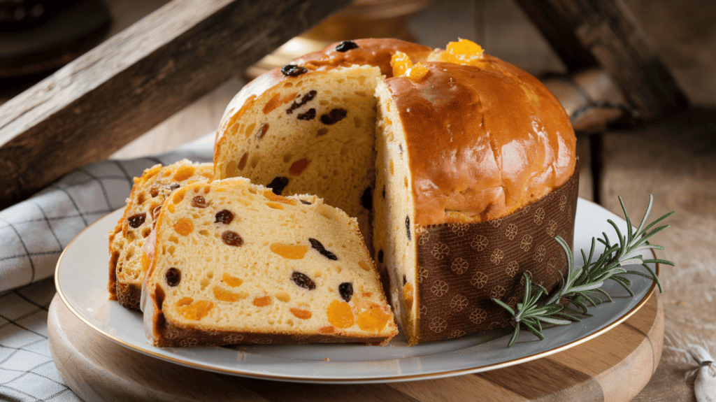 A plate of Italian Panettone. The panettone is a type of sweet bread loaf. The panettone is golden brown with a shiny glaze. It is filled with raisins and candied orange peel. The panettone is sliced, revealing its soft, airy interior. The plate is placed on a wooden board. There is a sprig of rosemary beside the panettone. The background is rustic, with wooden beams and a checkered cloth.