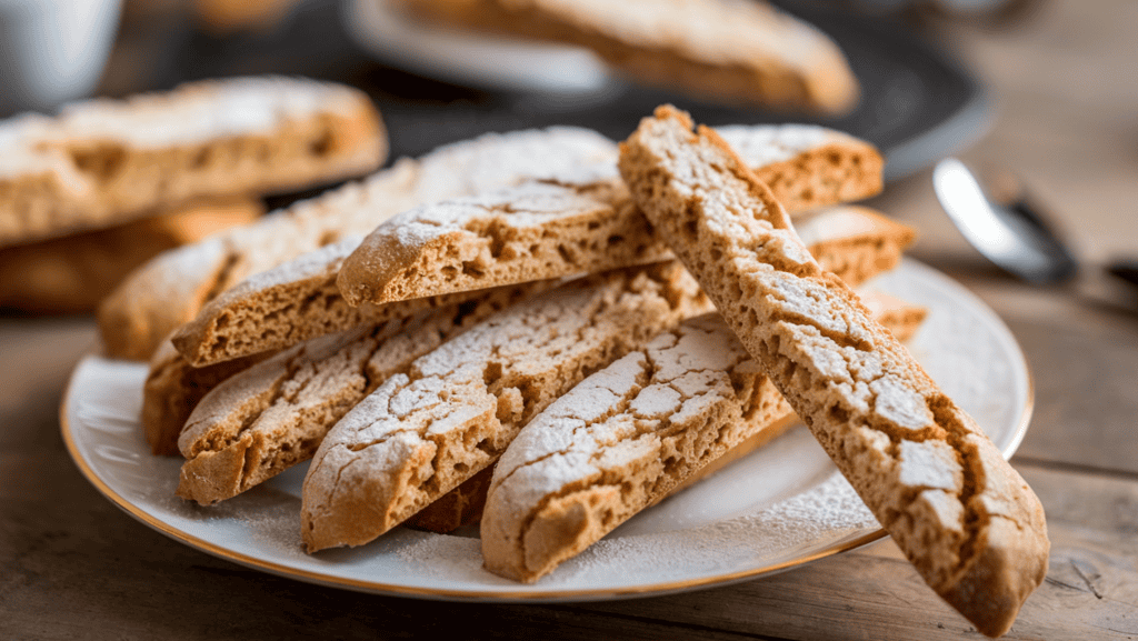 A plate of delicious biscotti. The biscotti are long, thin, and golden brown, with a cracked surface. They are arranged on a white plate and dusted with powdered sugar. The plate is placed on a wooden surface. There are two biscotti near the edge of the plate, one standing upright and the other lying down. The background is blurred and contains a few more biscotti, a coffee cup, and a spoon.