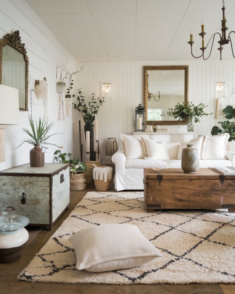 Painting furniture in neutral farmhouse tones to refresh a room on a budget