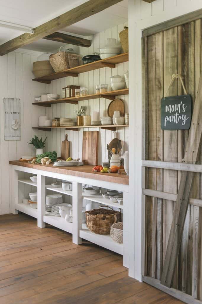 DIY open shelving with pine boards and L-brackets — a farmhouse kitchen staple
