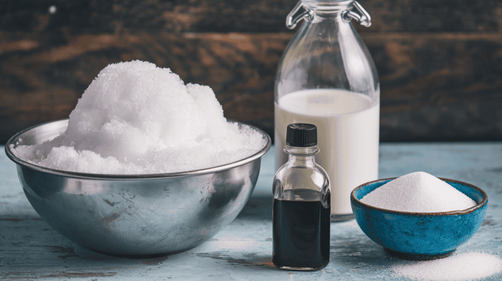 A counter with the ingredients for a snow cream recipe. There's a metal bowl containing 10 cups of fresh, white snow. Next to the bowl, there's a glass bottle of milk, a clear bottle of pure vanilla extract, and a bowl of sugar. The background is a rustic, wooden surface.