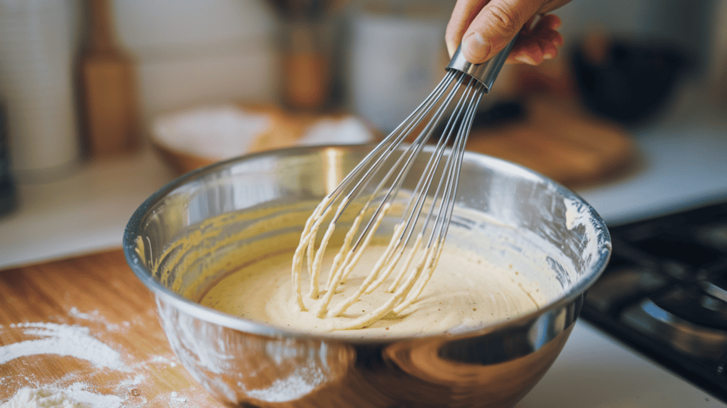 A hand whisking together pancake batter in a bowl. The bowl is placed on a wooden surface. The batter is a pale yellow colour. There are a few bubbles on the surface of the batter. There are flour and other ingredients scattered on the wooden surface. The background is blurred, showing a kitchen with utensils and a stove.