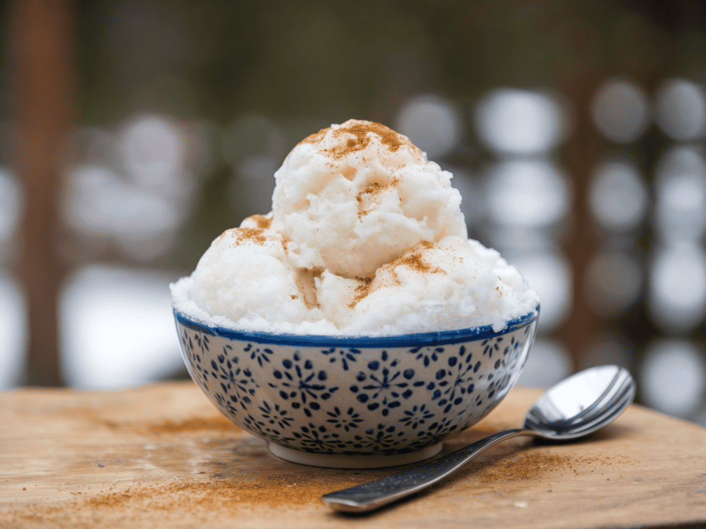 A bowl of snow cream. The snow cream is made with fresh mountain snow and is topped with a sprinkle of cinnamon. The bowl is placed on a wooden surface. There is a spoon next to the bowl. The background is blurred and contains trees.