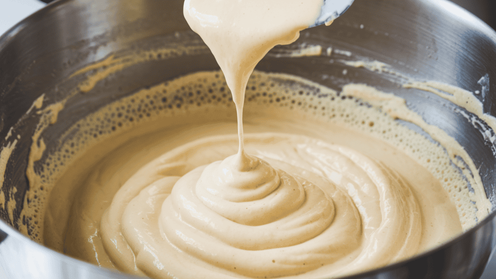 Pancake batter with the perfect consistency. A person is lifting a spatula out of the batter, and the batter is falling in a ribbon that disappears back into the bowl. The batter is a light golden colour, and there are bubbles forming on the surface. The background is clean and uncluttered.