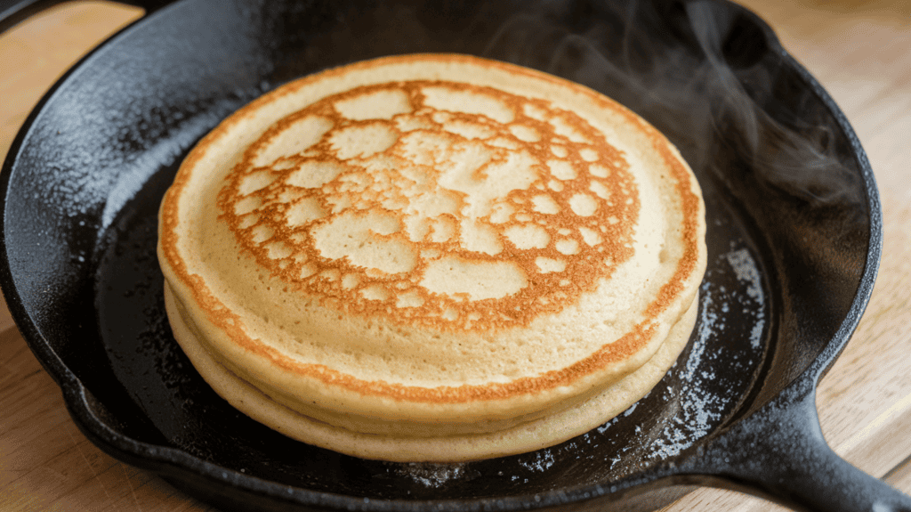 A single, beautiful, perfectly golden brown pancake cooking in a preheated cast iron skillet. The pancake has slight bubbles on the surface and is slightly thick on the sides. There is some butter in the pan, giving the pancake a buttery sheen. The background is a wooden countertop.