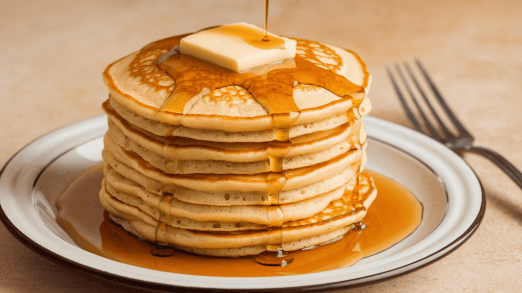 A plate with a stack of golden pancakes. The pancakes are hot and ready to be eaten. They have a layer of melted butter on top, and there's maple syrup drizzled all over them. The syrup is dripping down the sides of the plate and the pancakes. The background is a beige surface. There's a fork next to the plate.