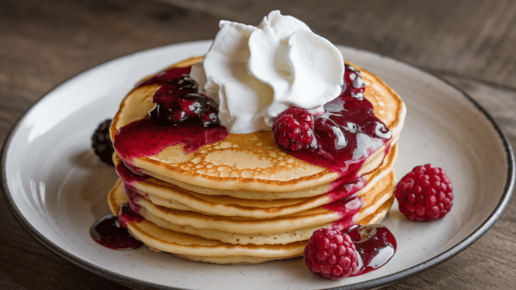 A plate of golden pancakes with a warm berry sauce and whipped cream on top. The pancakes are stacked high and have a slightly crispy edge. The berry sauce is a deep red and has a few whole berries in it. The whipped cream is a light beige color and has little peaks. The plate is on a wooden surface.
