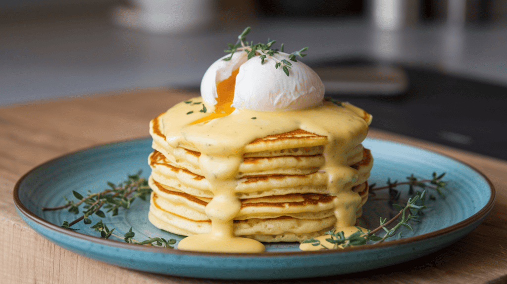A plate with a stack of golden pancakes. The pancakes are smothered in a rich, golden hollandaise sauce. Resting atop the pancakes is a perfectly poached egg with a slightly runny yolk. The egg yolk is dripping down the side of the pancakes. The pancakes are garnished with fresh herbs, including chives and thyme, which add a pop of green. The plate is placed on a wooden surface. The background is blurred and consists of a few kitchen items.