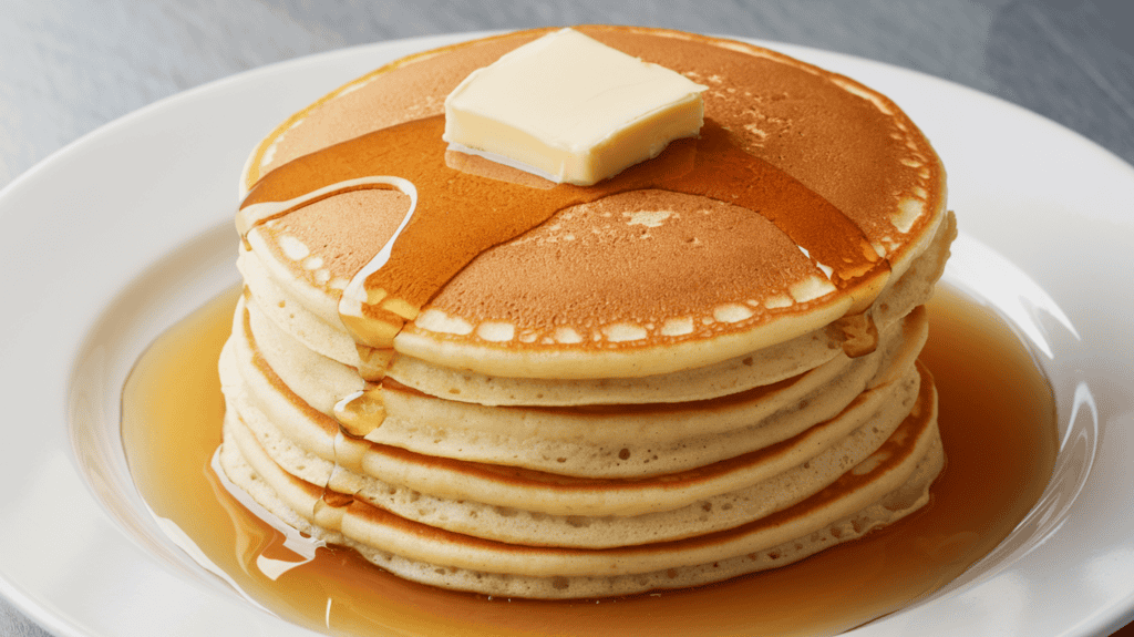 Classic American pancakes with a golden-brown surface and a fluffy interior. The pancakes are stacked on a white plate. There is a pat of butter on top of the pancakes and a drizzle of syrup around the pancakes. The background is clean and simple.