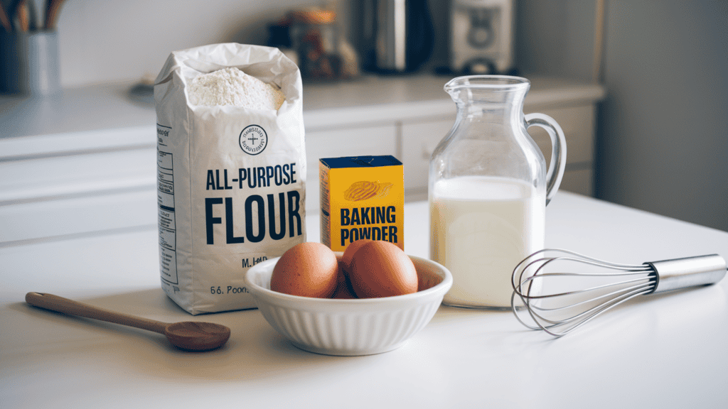 A bright kitchen counter with all the ingredients needed to make an American pancake recipe. There's a bag of all-purpose flour, a box of baking powder, a bowl of eggs, and a jug of milk. Next to the jug of milk is a whisk. There's a wooden spoon beside the bowl of eggs.