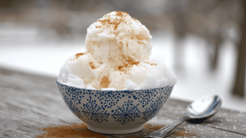 A bowl of classic vanilla snow cream. The snow cream is made with snow, milk, sugar, and vanilla extract. It is topped with a sprinkle of cinnamon. The snow cream has a soft, fluffy texture and a rich vanilla flavor. The bowl is placed on a wooden surface. There's a spoon next to the bowl. The background is blurred, showing a snowy landscape.