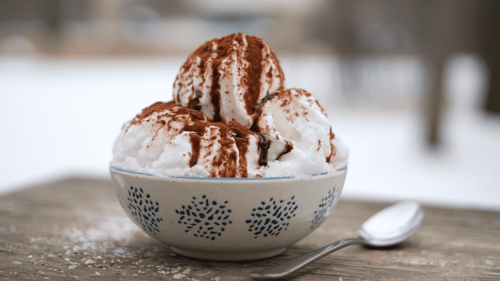 A bowl of chocolate snow cream. The snow cream is made with snow, milk, sugar, cocoa powder, and chocolate syrup. The snow cream has a soft, fluffy texture. The bowl is placed on a wooden surface. There's a spoon next to the bowl. The background is blurred, showing a snowy landscape.