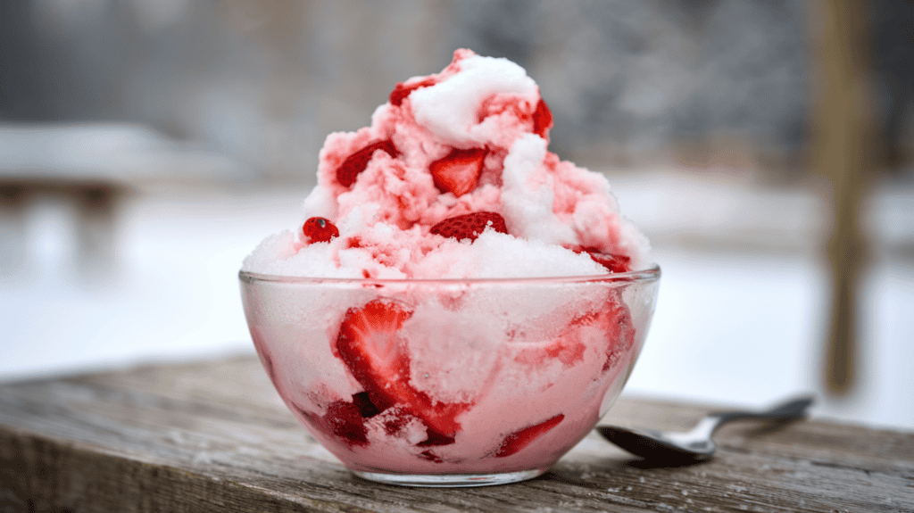 A bowl of strawberry snow cream. The snow cream is made with snow, milk, sugar, and strawberry jam incorporated into it, giving it a pink hue. The snow cream has a soft, fluffy texture. The bowl is placed on a wooden surface. There's a spoon next to the bowl. The background is blurred, showing a snowy landscape.
