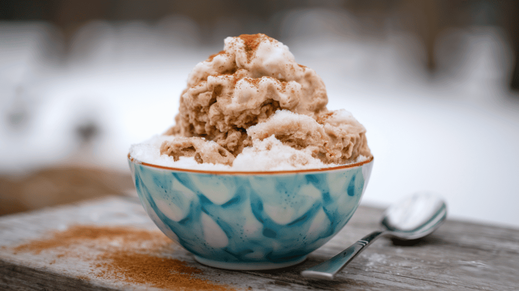 A bowl of coffee snow cream. The snow cream is made with snow, milk, sugar, and cold brew incorporated into it, giving it a brown hue. The snow cream has a soft, fluffy texture and has a sprinkle of cinnamon on top. The bowl is placed on a wooden surface. There's a spoon next to the bowl. The background is blurred, showing a snowy landscape.
