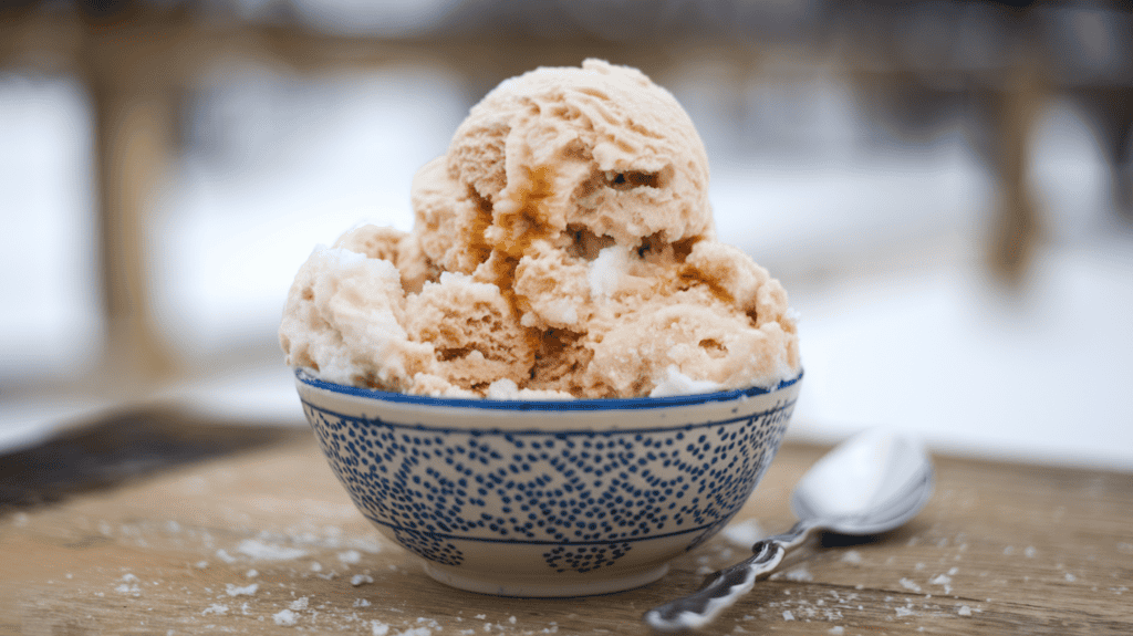A bowl of Maple Bourbon snow cream. The snow cream is made with snow, milk, sugar, bourbon, and maple syrup incorporated into it, giving it a brown hue. The snow cream has a soft, fluffy texture. The bowl is placed on a wooden surface. There's a spoon next to the bowl. The background is blurred, showing a snowy landscape.