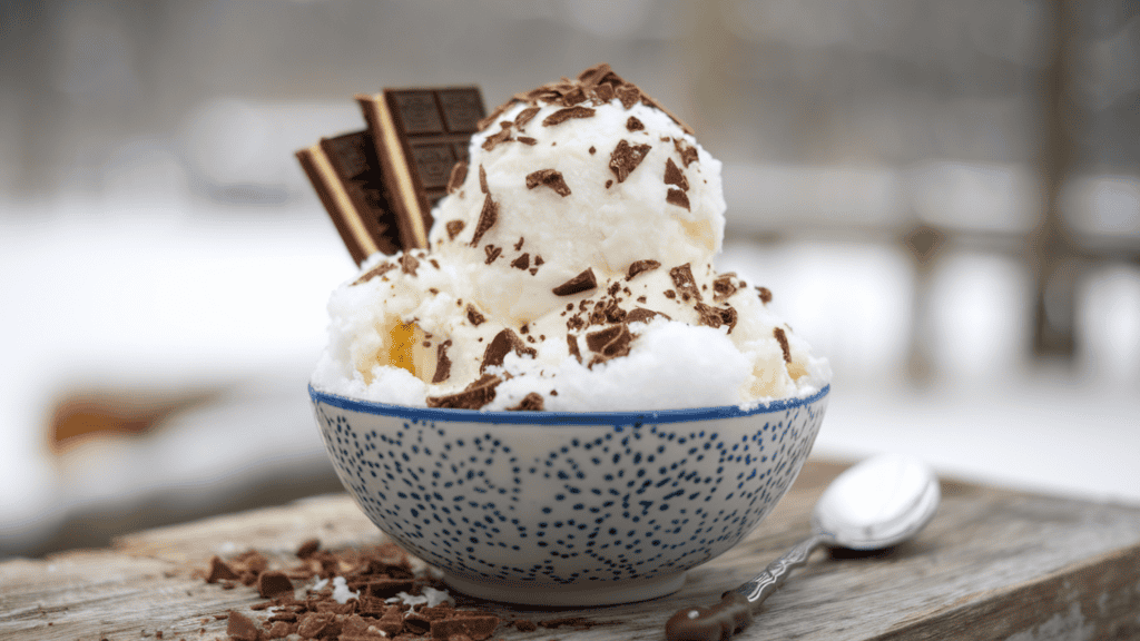 A bowl of snow cream topped with crushed cookies and chocolate shavings. The snow cream is made with snow, milk, sugar, and vanilla. The snow cream has a soft, fluffy texture. The bowl is placed on a wooden surface. There's a spoon next to the bowl. The background is blurred, showing a snowy landscape.