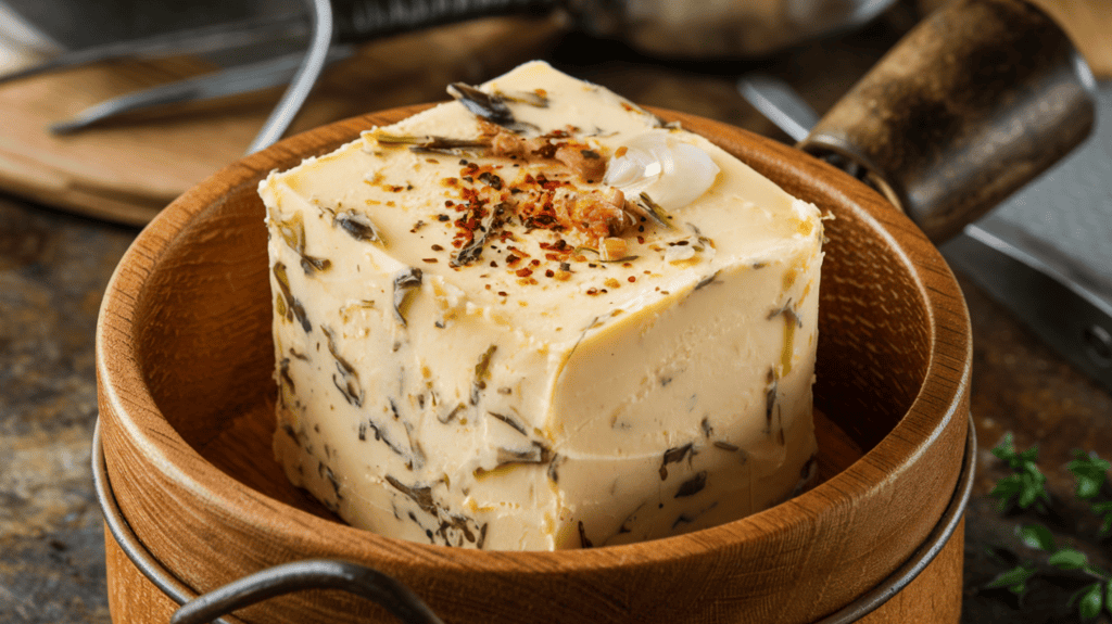 A bowl of Cowboy Butter. The butter is a rich, golden colour with a few brown bits of garlic. There are also green bits of herbs and a sprinkle of red pepper flakes. The bowl is wooden and has a handle. The background is a rustic kitchen counter with a few tools.