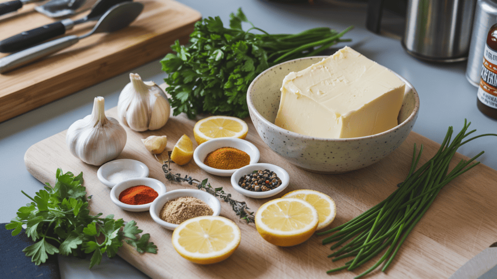 A kitchen counter with the ingredients needed to make cowboy butter for a cowboy butter chicken wings recipe. There's softened unsalted butter, garlic cloves, fresh parsley, lemon juice, red pepper flakes, black pepper, paprika, cayenne pepper, Dijon mustard, fresh chives, fresh thyme leaves, lemon zest, and Worcestershire sauce. The butter is in a bowl, and the spices and herbs are scattered around it. The background has a few utensils and a cutting board.