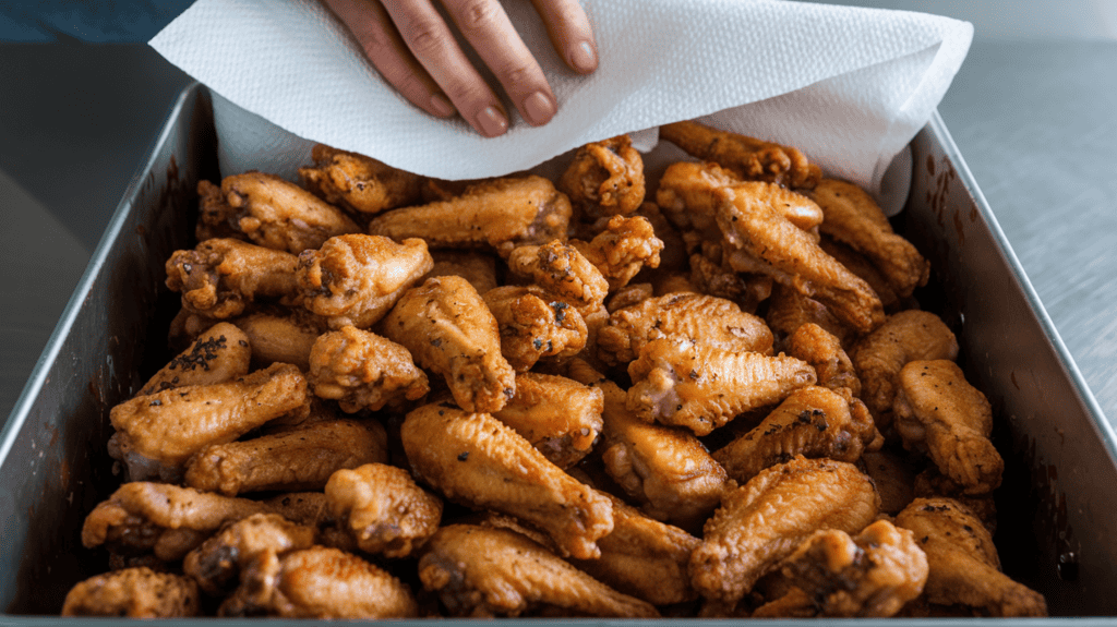 A large quantity of fried chicken wings in a container. A person is using paper towels to dry the wings. The wings have a golden-brown colour and are sprinkled with some seasoning. The background is clean and simple.