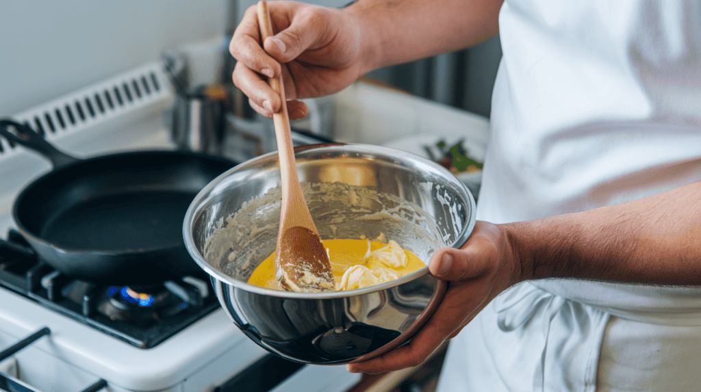 A chef making a butter sauce. The chef is standing in a kitchen. He is holding a metal bowl and a wooden spoon. The bowl contains a mixture of melted butter and other ingredients. There is a skillet on the stove behind the chef. The background is clean and organized.