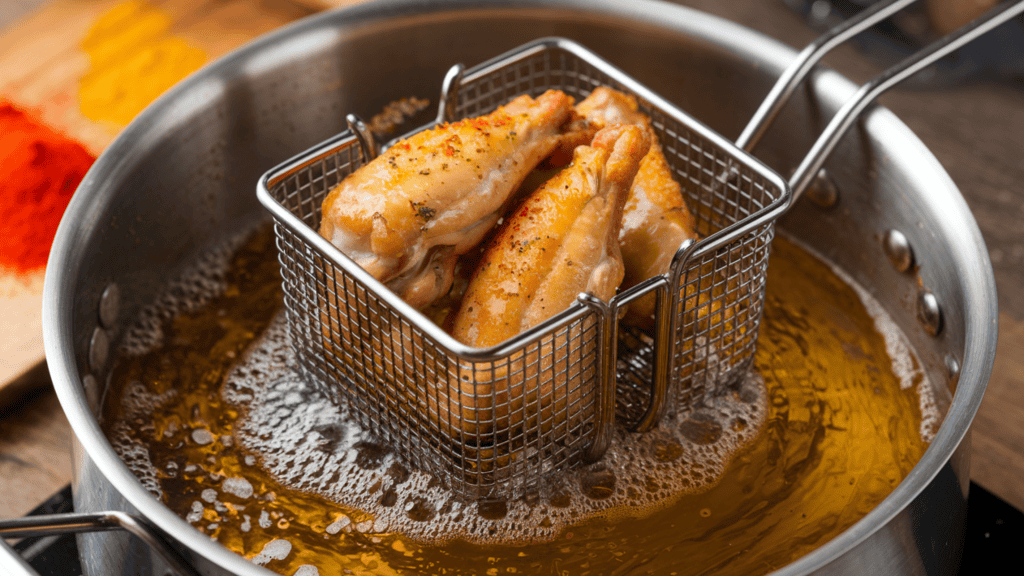 Deep frying chicken wings in a basket over a pot of hot oil. The oil is bubbling and spitting. There are spices and seasonings scattered around the pot. The background is a wooden surface.
