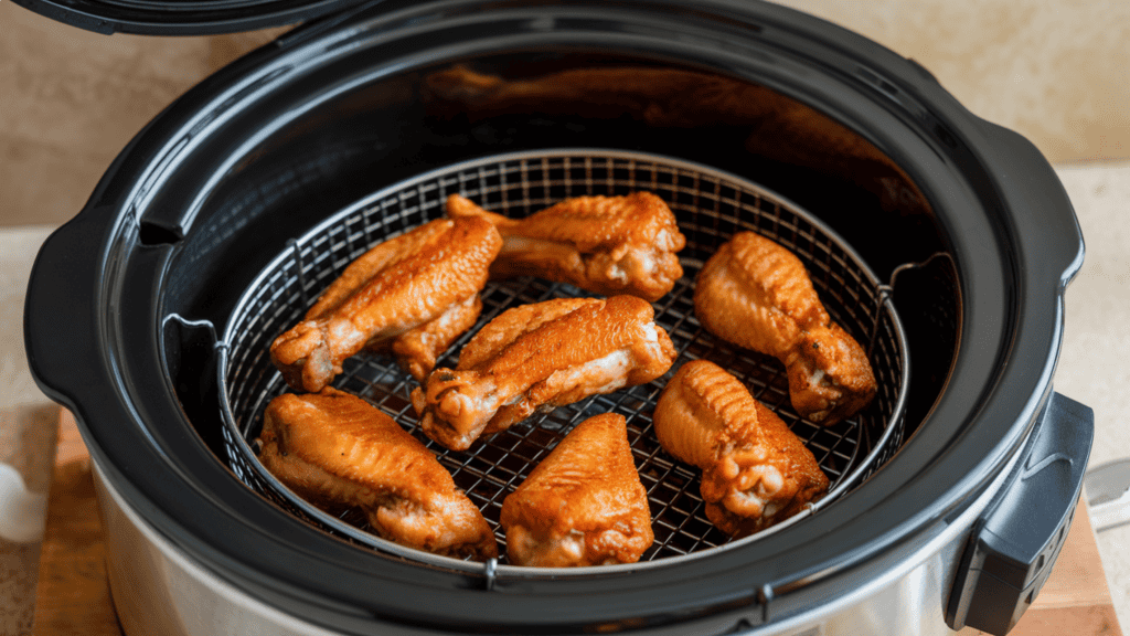 Air-fried chicken wings in a slow cooker. The chicken wings are golden brown and crispy. They are placed in a slow cooker that has a basket for air frying. The slow cooker is set on a wooden board. The background is a beige wall.