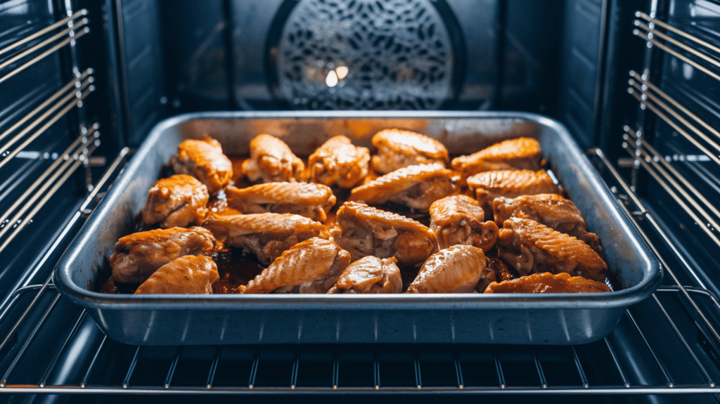 A baking tray filled with half-baked chicken wings. The wings are coated in a golden-brown sauce and are arranged in a tight, circular pattern. The baking tray is placed on a stainless steel rack inside a preheated oven. The oven's interior light illuminates the scene.