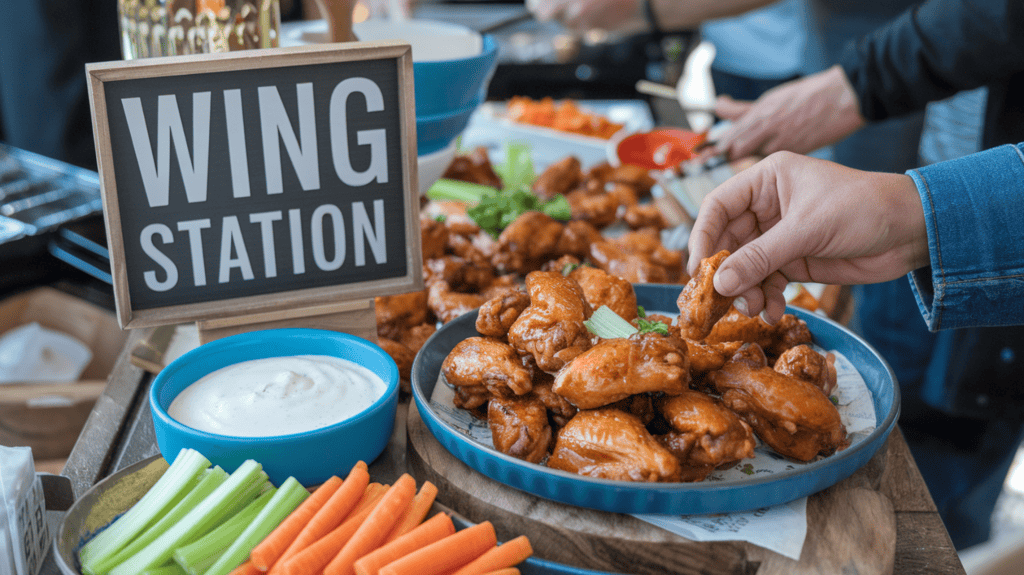 Serving cowboy butter chicken wings at a Super Bowl party. There's a sign that says "wing station" with a bowl of ranch and a spread of carrots and celery.