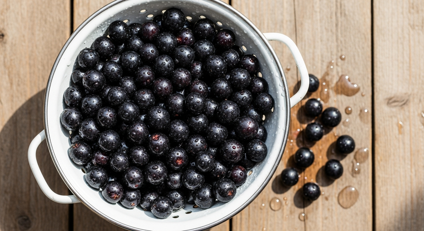 Fresh dark purple aronia berries in a white colander with water droplets showing their glossy deep color