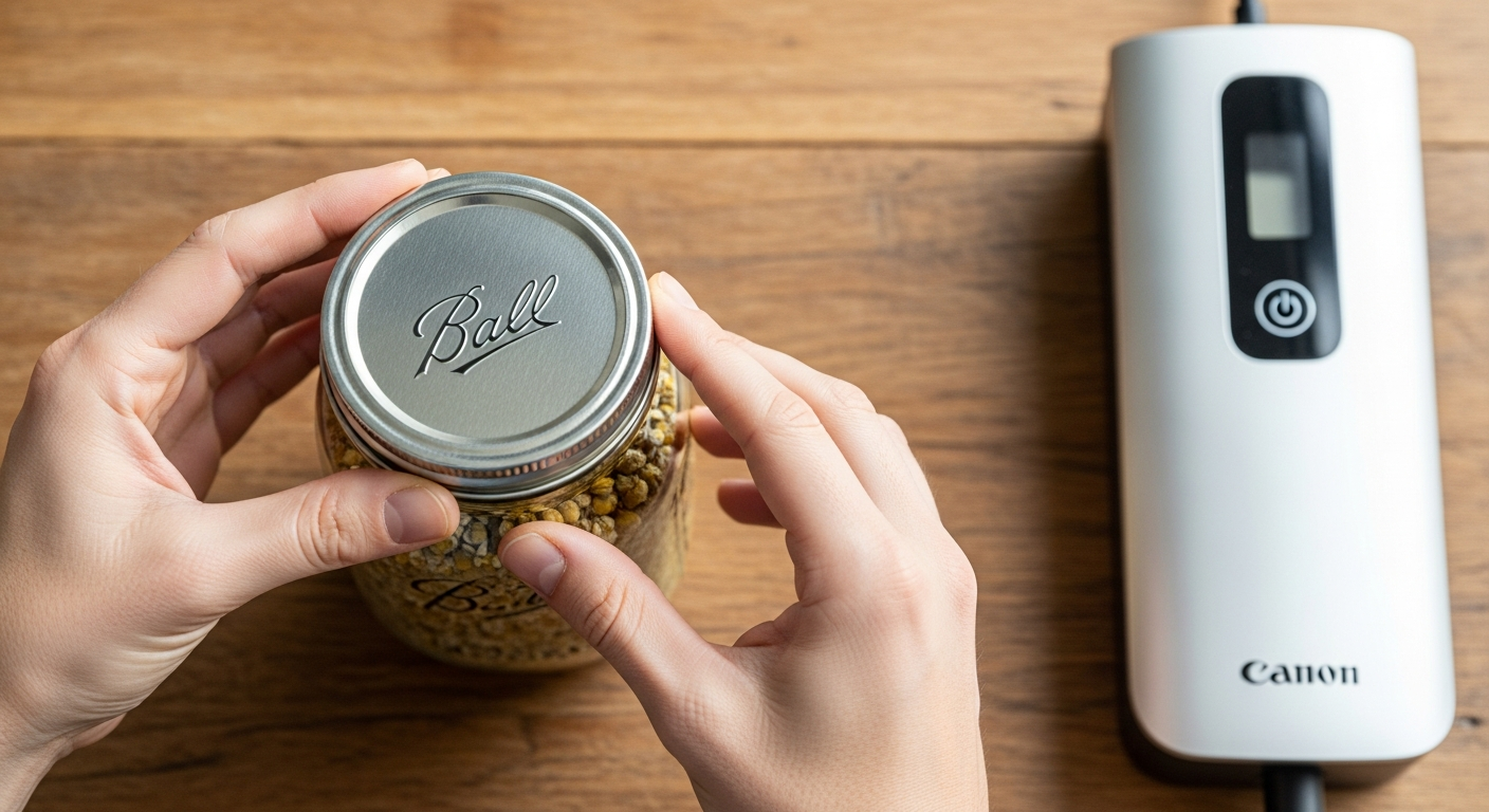 Hands placing a flat canning lid on a mason jar of dried herbs before vacuum sealing