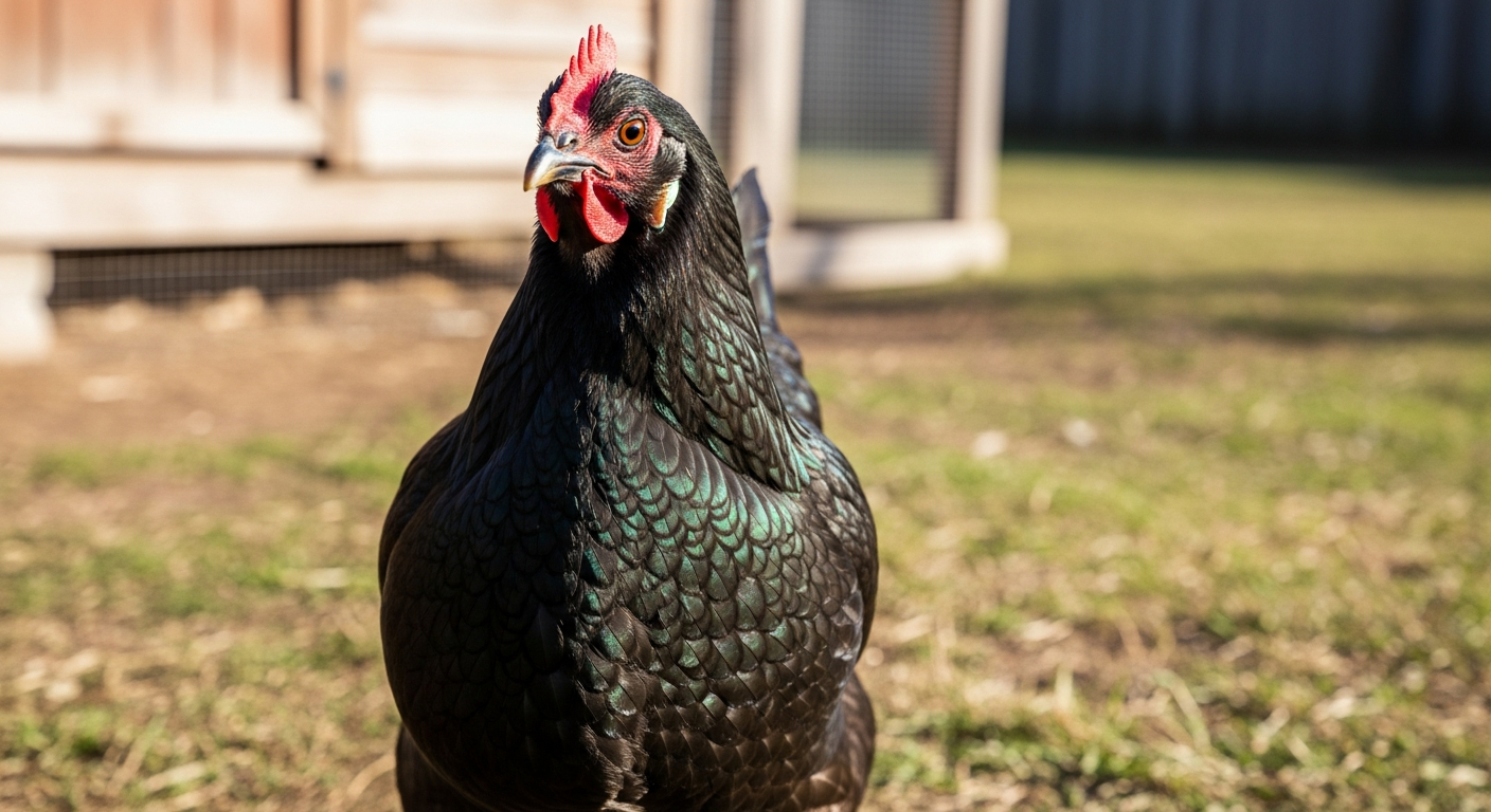 Black Australorp hen in a grassy backyard showing iridescent black feathers catching afternoon sunlight